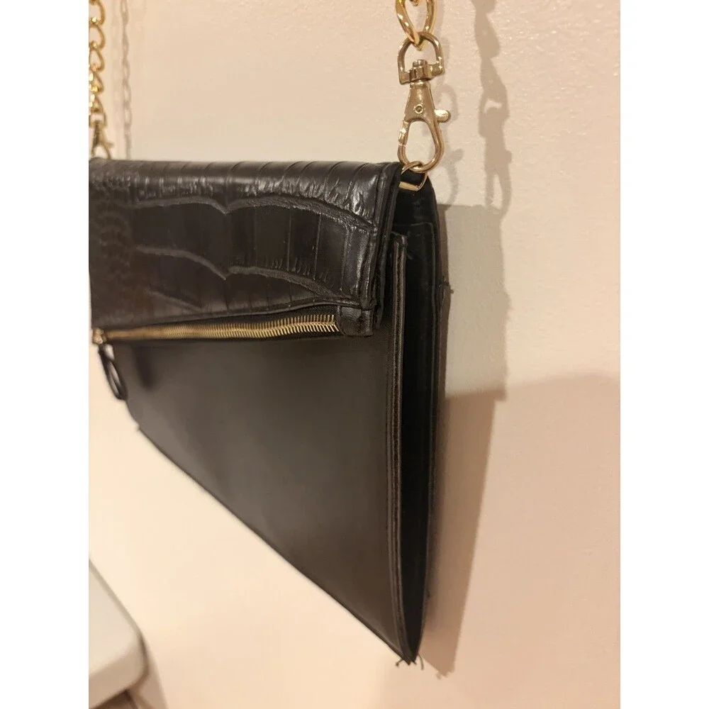 Black Crocodile Embossed Crossbody Clutch, Zip/Snap, Detach Chain Strap, Gold